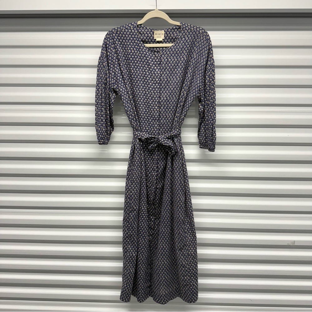 Mirth Blue Floral Print Cotton Midi Dress Tie Waist Size Small